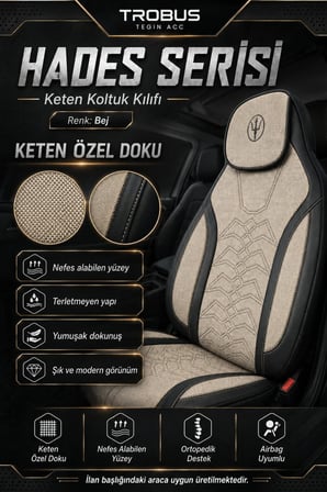 Dacia Spring 2021 ve Sonrası Uyumlu Hades Serisi Keten Koltuk Kılıfı Bej Siyah