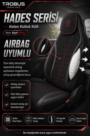 Hyundai Kona 2017 ve Sonrası Uyumlu Hades Serisi Keten Koltuk Kılıfı Siyah Kırmızı