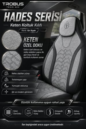 Ford Tourneo Courier 2014-2024 Uyumlu Hades Serisi Keten Koltuk Kılıfı Gri Siyah