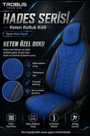 Renault Symbol 2008 ve Sonrası Uyumlu Hades Serisi Keten Koltuk Kılıfı Mavi Siyah