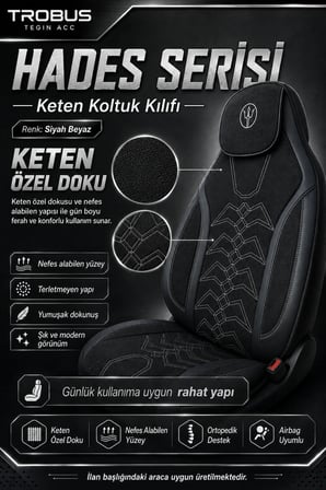 Renault Symbol 2008 ve Sonrası Uyumlu Hades Serisi Keten Koltuk Kılıfı Siyah Beyaz