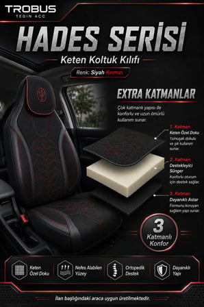 Volkswagen Jetta 2010 ve Sonrası Uyumlu Hades Serisi Keten Koltuk Kılıfı Siyah Kırmızı