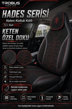 Kia Stonic 2017 ve Sonrası Uyumlu Hades Serisi Keten Koltuk Kılıfı Siyah Kırmızı
