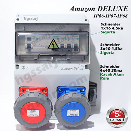 Amazon DELUXE IP66-IP67-IP68, Trifaze Elektrikli Araç Kombinasyon Kutusu, Tesla Blue Adaptöre Uyumlu, 5x32A + 3x32A + 1x16A - Sigorta Markası Seçeneği - 5 Yıl Garanti