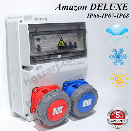 Amazon DELUXE IP66-IP67-IP68, Trifaze Elektrikli Araç Kombinasyon Kutusu, Tesla Blue Adaptöre Uyumlu, 5x32A + 3x32A + 1x16A - Sigorta Markası Seçeneği - 5 Yıl Garanti
