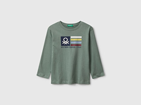 Erkek Bebek Haki Organik Pamuklu Önü Logo Baskılı Uzun Kollu Jarse T-shirt