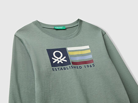 Erkek Bebek Haki Organik Pamuklu Önü Logo Baskılı Uzun Kollu Jarse T-shirt