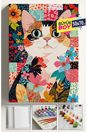 Sayılarla Boyama Seti Numaralı Tuval Fırça Boya Dahil Kasnaklı Set 50x70 Cm - HALI DESENLİ KEDİ