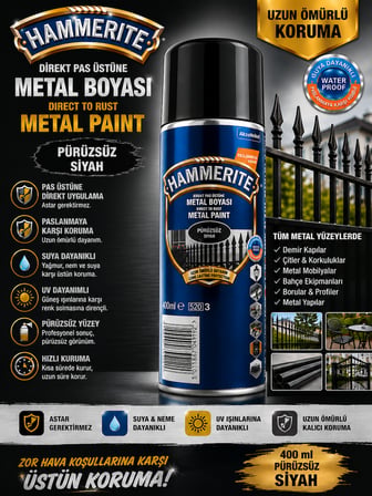 Marshall Hammerite Direkt Pas Üstü Pürüzsüz Metal Boyası Sprey Siyah 400 ML