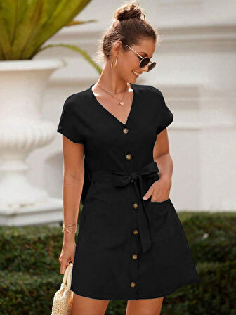 HanZone Kadın Kısa Kollu V Yakalı önden Düğmeli Belden Kuşaklı Cepli Sofya Elbise