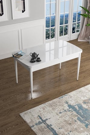 Han Serisi 70x114 Açılabilir Mdf Mutfak Masası Takımı Beyaz Masa 6 Krem Sandalye