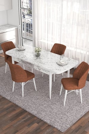 Han Serisi 70x114, Açılabilir Mdf Mutfak Masa Takımı, Beyaz Mermer Desen Masa 4 Kiremit Sandalye
