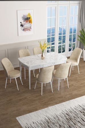 Han Serisi 70x114 Açılabilir Mdf Mutfak Masası Takımı Beyaz Mermer Desen Masa 6 Krem Sandalye
