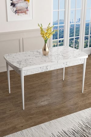 Han Serisi 70x114 Açılabilir Mdf Mutfak Masası Takımı Beyaz Mermer Desen Masa 6 Krem Sandalye