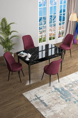 Han Serisi 70x114 Açılabilir Mdf Mutfak Masası Takımı Siyah Mermer Desen Masa 4 Bordo Sandalye