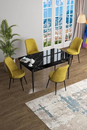 Han Serisi 70x114 Açılabilir Mdf Mutfak Masası Takımı Siyah Mermer Desen Masa 4 Hardal Sandalye