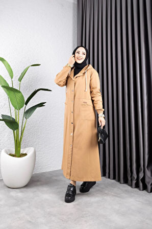 Kadın Düğmeli Kapüşonlu Cep Püsküllü Kot Kap