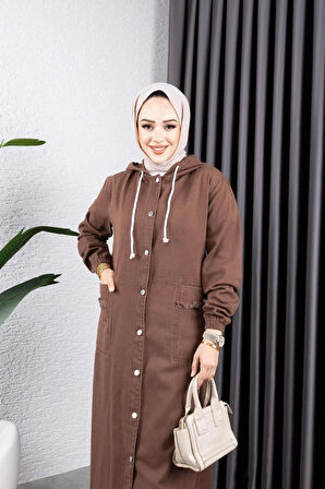 Kadın Düğmeli Kapüşonlu Cep Püsküllü Kot Kap