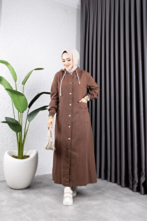 Kadın Düğmeli Kapüşonlu Cep Püsküllü Kot Kap