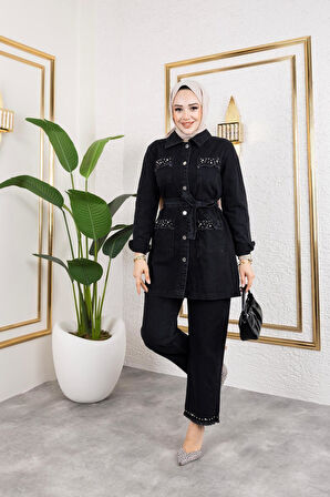 Kadın Taş Detaylı 2Li Takım Kot Ceket Pantolon