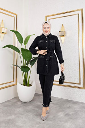 Kadın Taş Detaylı 2Li Takım Kot Ceket Pantolon