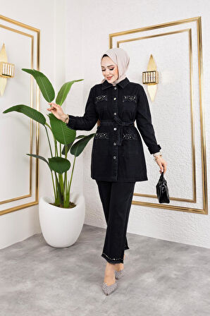 Kadın Taş Detaylı 2Li Takım Kot Ceket Pantolon