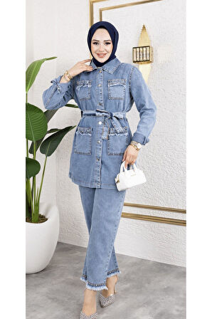 Kadın Taş Detaylı 2Li Takım Kot Ceket Pantolon