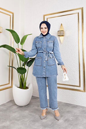 Kadın Taş Detaylı 2Li Takım Kot Ceket Pantolon