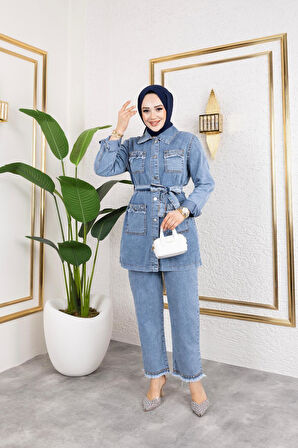 Kadın Taş Detaylı 2Li Takım Kot Ceket Pantolon