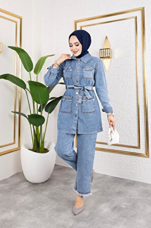 Kadın Taş Detaylı 2Li Takım Kot Ceket Pantolon