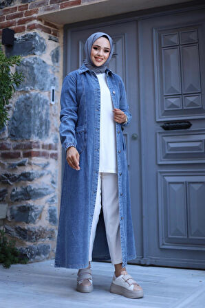 Kadın Düğmeli Cepli Kar Yıkamalı Denim Kot Kap