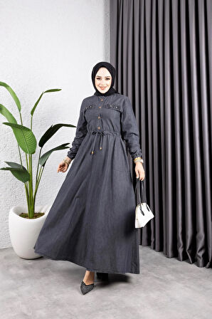Kadın İnci Taş Detaylı Belden Sıkmalı Kot Elbise