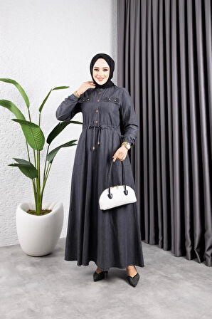 Kadın İnci Taş Detaylı Belden Sıkmalı Kot Elbise