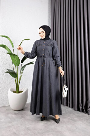 Kadın İnci Taş Detaylı Belden Sıkmalı Kot Elbise