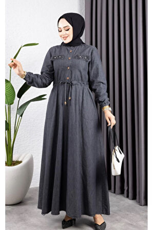 Kadın İnci Taş Detaylı Belden Sıkmalı Kot Elbise