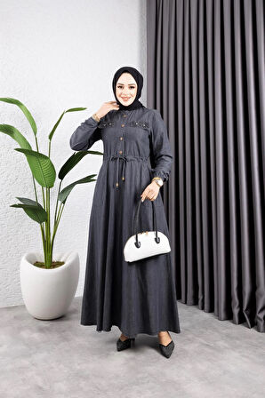 Kadın İnci Taş Detaylı Belden Sıkmalı Kot Elbise