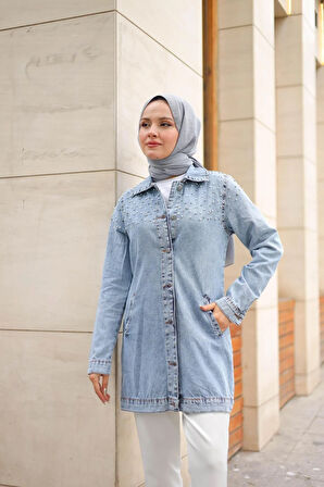 Kadın Taş Detaylı Boncuk İşlemeli Kot Ceket