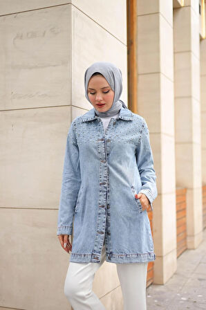 Kadın Taş Detaylı Boncuk İşlemeli Kot Ceket