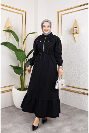 Kadın Kapak Cep Detaylı Kot Elbise