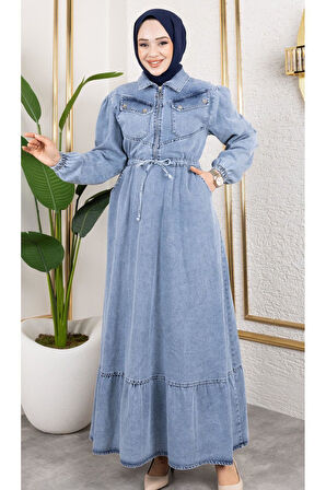 Kadın Kapak Cep Detaylı Kot Elbise