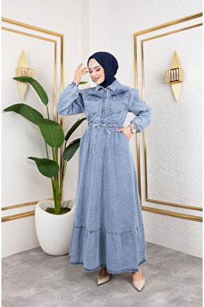 Kadın Kapak Cep Detaylı Kot Elbise