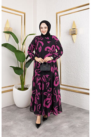 Kadın Astarlı Şifon Desenli Elbise