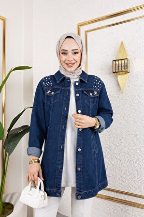 Kadın Boncuk İşlemeli Denim Kot Ceket