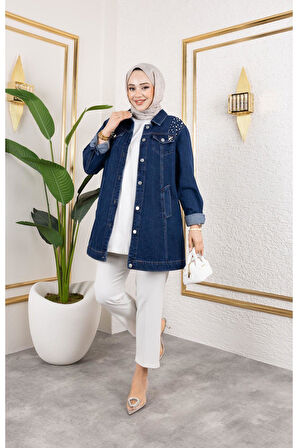 Kadın Boncuk İşlemeli Denim Kot Ceket