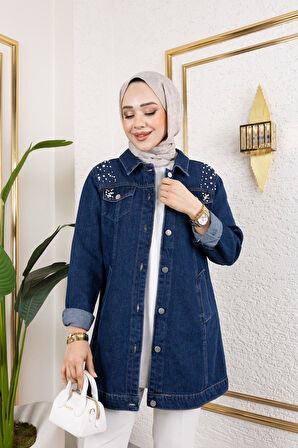 Kadın Boncuk İşlemeli Denim Kot Ceket