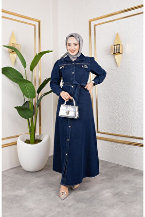 Kadın Boncuk İşlemeli Düğmeli Kot Elbise