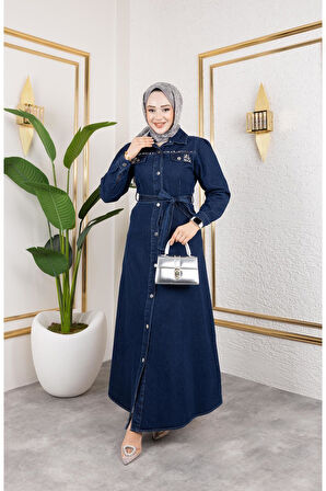 Kadın Boncuk İşlemeli Düğmeli Kot Elbise