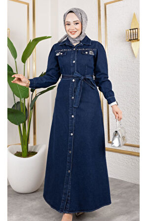 Kadın Boncuk İşlemeli Düğmeli Kot Elbise