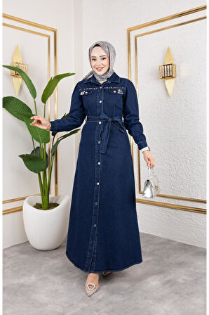 Kadın Boncuk İşlemeli Düğmeli Kot Elbise