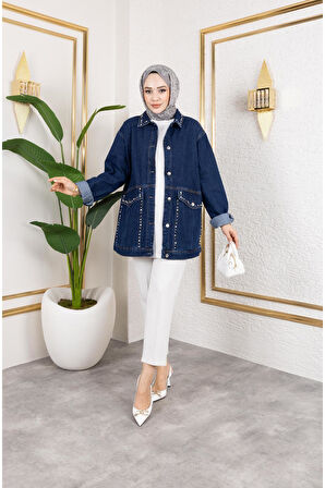 Kadın Cepli Taş İşleme Detaylı Denim Kot Ceket